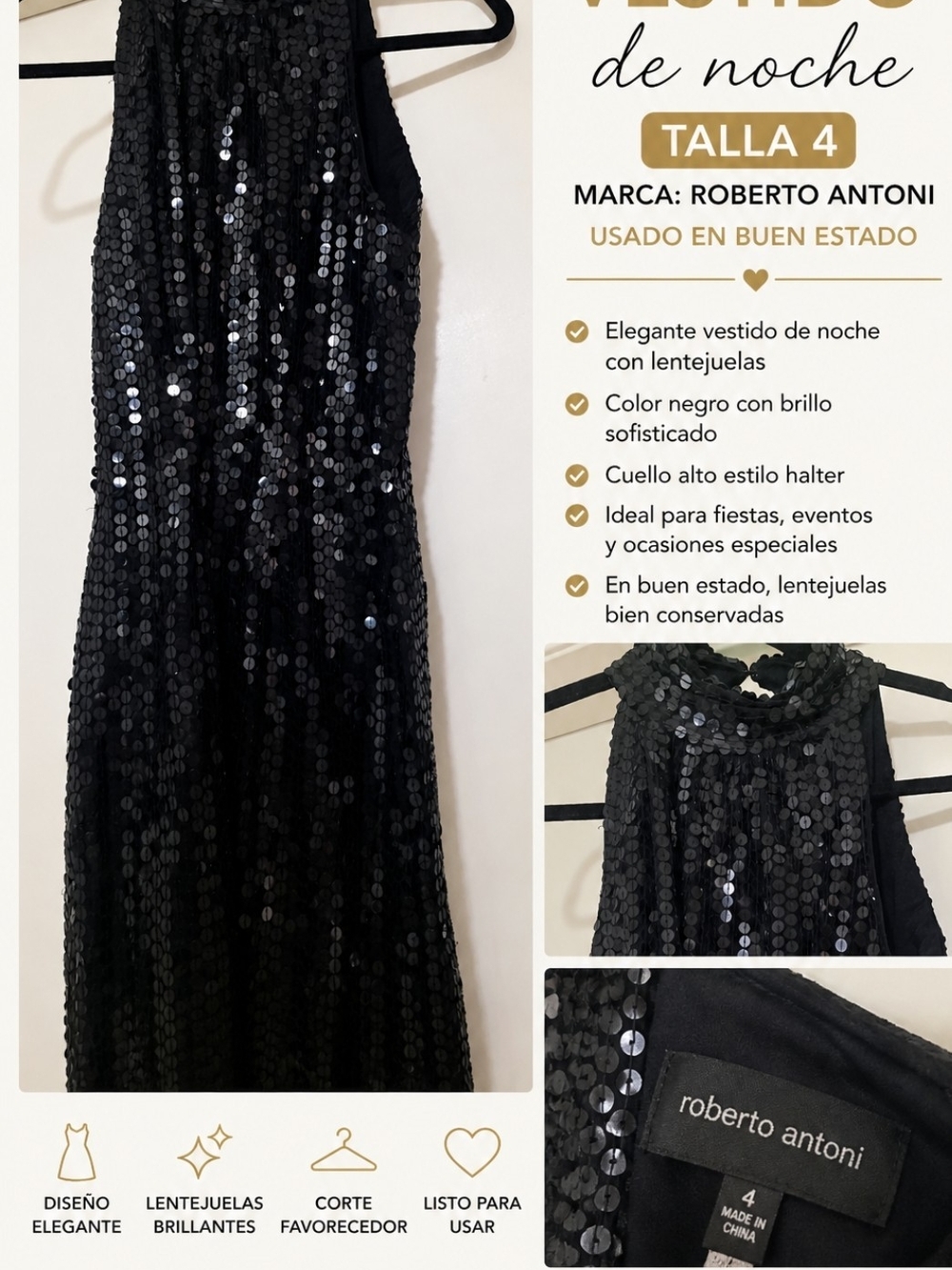Roberto Antoni Black Sequin Halter Evening Dress